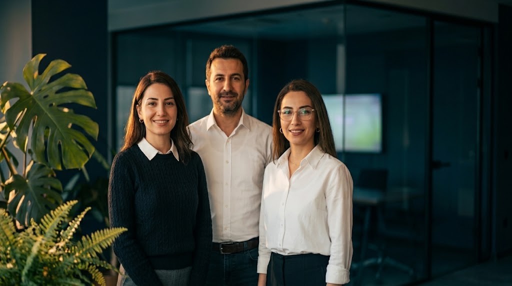Three IKSAP consultants smiling at the camera in an office, green plants in the foreground